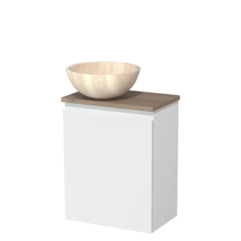 Compacte witte badkamermeubelset met houtnerf blad en ronde natuurstenen wastafel, modern en stijlvol ontwerp.