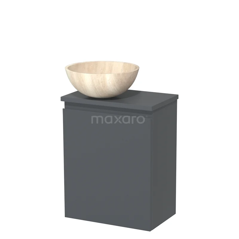 WC-Möbel mit Aufsatzwaschbecken | 41 cm Dunkelgrau Grifflose Front Travertin Naturstein-Aufsatzwaschbecken Dunkelgraue Platte TMK10-10614 Matgrauer Badschrank mit hölzernem Aufsatzwaschbecken, modernes Design, ideal für eine stilvolle und organisierte Badezimmeraufstellung.