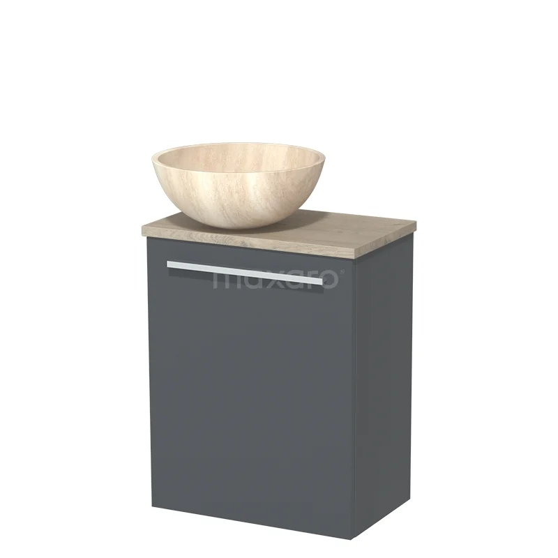 Grijze badkamerkast met eikenblad en houten waskom, modern design, geschikt voor stijlvol badkamerinterieur.