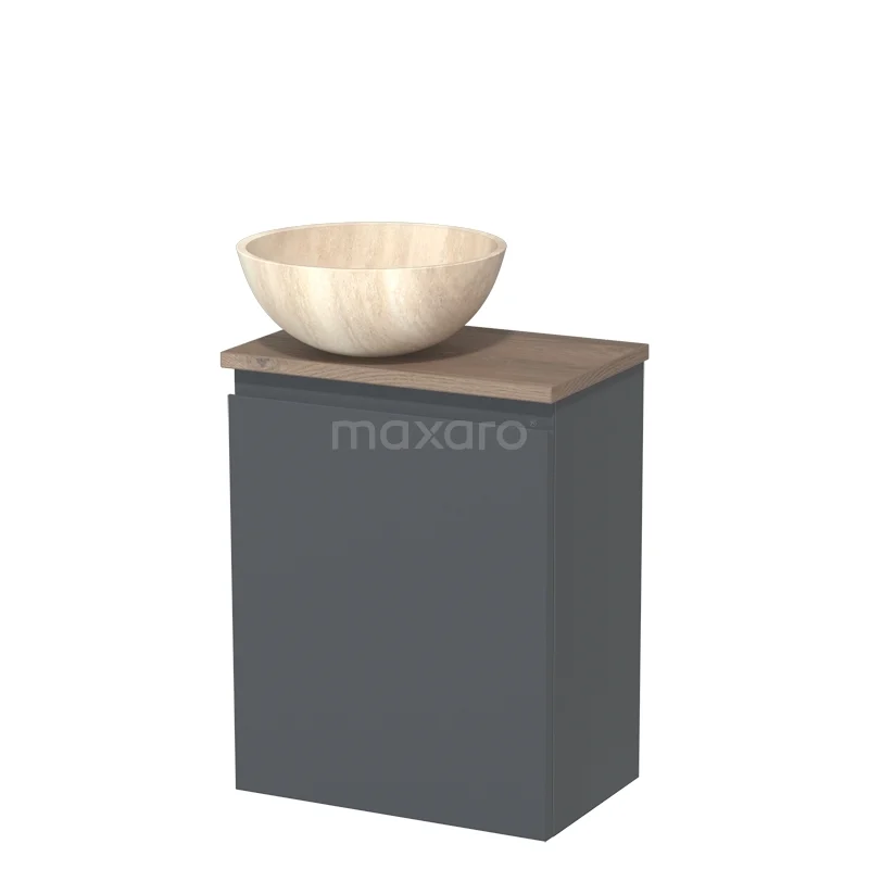 WC-Möbel mit Aufsatzwaschbecken | 41 cm Dunkelgrau grifflose Front Travertin Naturstein Aufsatzwaschbecken mittelbraune Eiche TMK10-10628 Grauer Badschrank mit Holzwaschtischplatte und beigem Aufsatzwaschbecken, modernes Design, ideal für stilvolle Badezimmergestaltung.