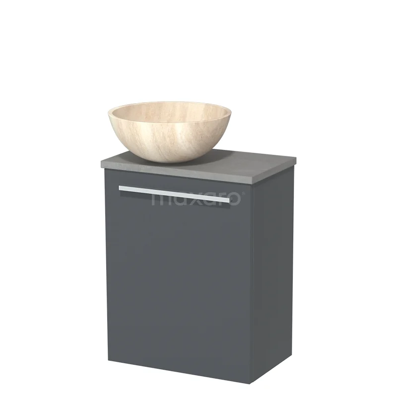 Grijze badkamerkast met houten waskom, compact design, modern stijl, ideaal voor kleine badkamers.