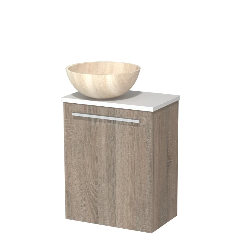 Houten badkamerkast met waskom van licht hout, compact formaat, geschikt voor moderne badkamerinrichting.