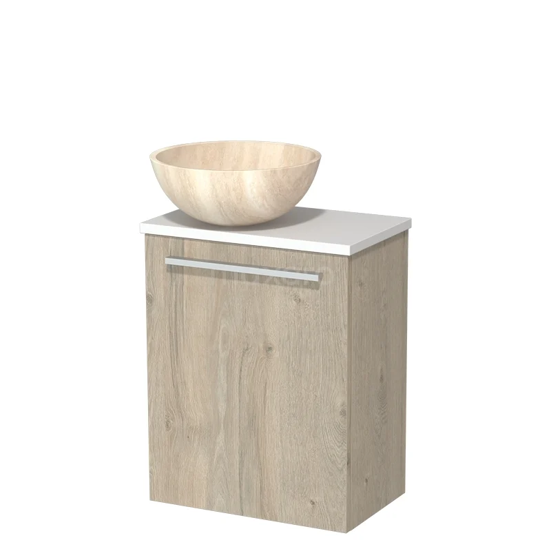 Houten badkamermeubel met moderne natuurlook, wit blad en rond houten waskom. Perfect voor stijlvolle badkamerinrichting.