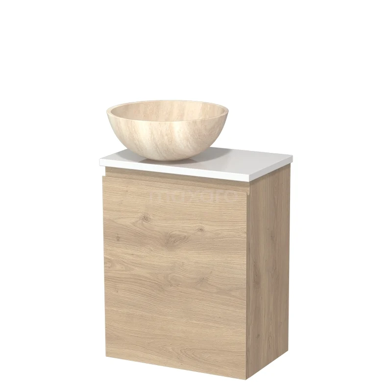 Houten badkamermeubel met een witte bovenkant en een ronde, licht houten wastafel; stijlvol en compact design.