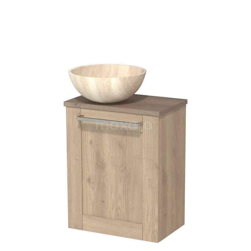 Houten badkamerkast met naturel waskom, eikenlook, stijlvol design en compact formaat voor moderne badkamerinrichting.