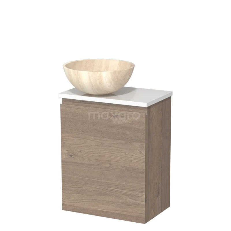 Houten badkamermeubel met waskom, licht eiken afwerking, wit blad, compact ontwerp voor moderne badkamers.