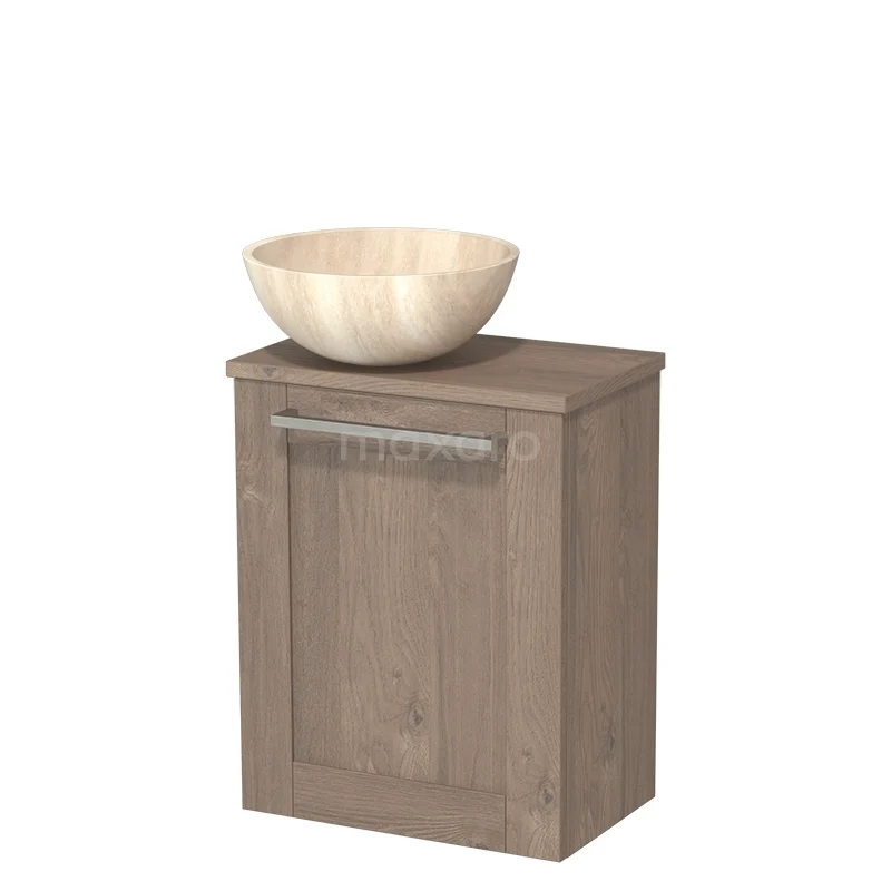 Houten badkamermeubel met wastafel, bruin eiken design, modern en compact, ideaal voor kleine badkamers.