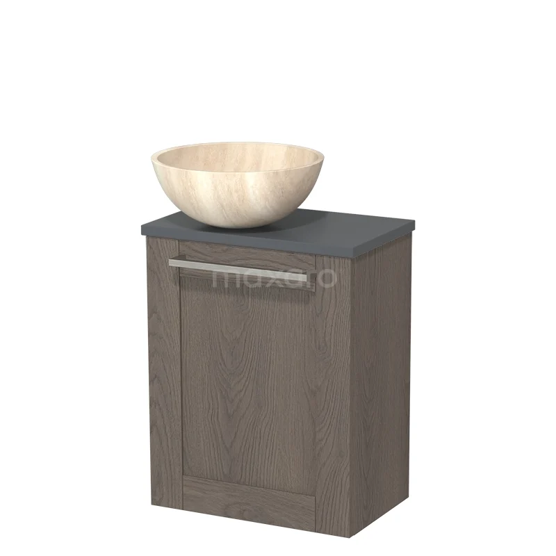 Toilet unit with countertop wash basin | 41 cm Dark brown oak Front Travertine Natural stone countertop wash basin Dark grey worktop TMK10-10925