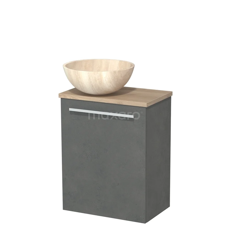 Grijs badkamermeubel met houtlook blad en keramische waskom, compact design ideaal voor moderne badkamers.