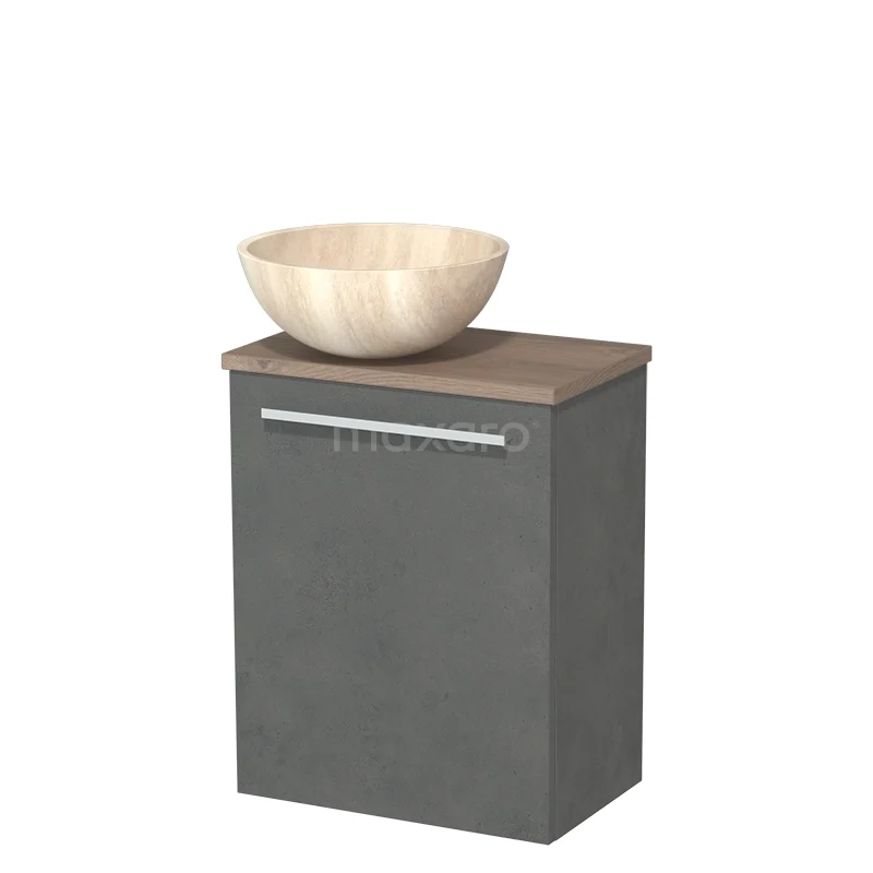 Grijze badkamerkast met houten blad en ronde wastafel, modern design uit de Cube-serie, ideaal voor een stijlvolle badkamer.