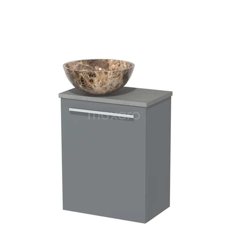 Grijze badkamerkast met marmeren waskom, modern design, ideaal voor stijlvolle badkamerinrichting.