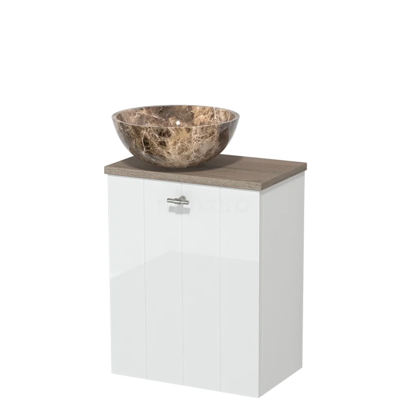 Witte badkamerkast met houtlook blad, inclusief unieke marmeren waskom, ideaal voor stijlvolle badkameropbergoplossingen.