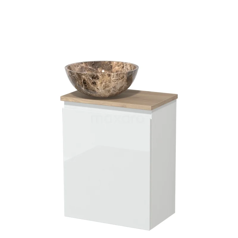 Wit badkamermeubel met houtkleurig blad en unieke marmeren waskom, ideaal voor een stijlvolle en moderne badkamer.