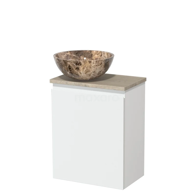 Wit badkamermeubel met een natuurstenen waskom in marmerlook, compact design voor moderne badkamers.