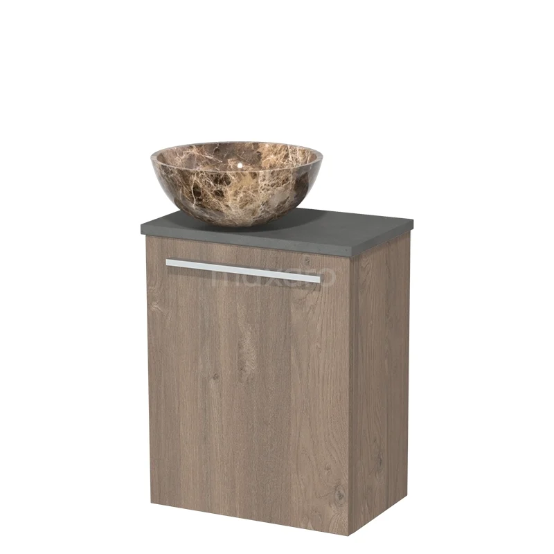 Houten badkamerkast met grijze bovenblad, keramische natuurstenen wastafel, compact ontwerp.