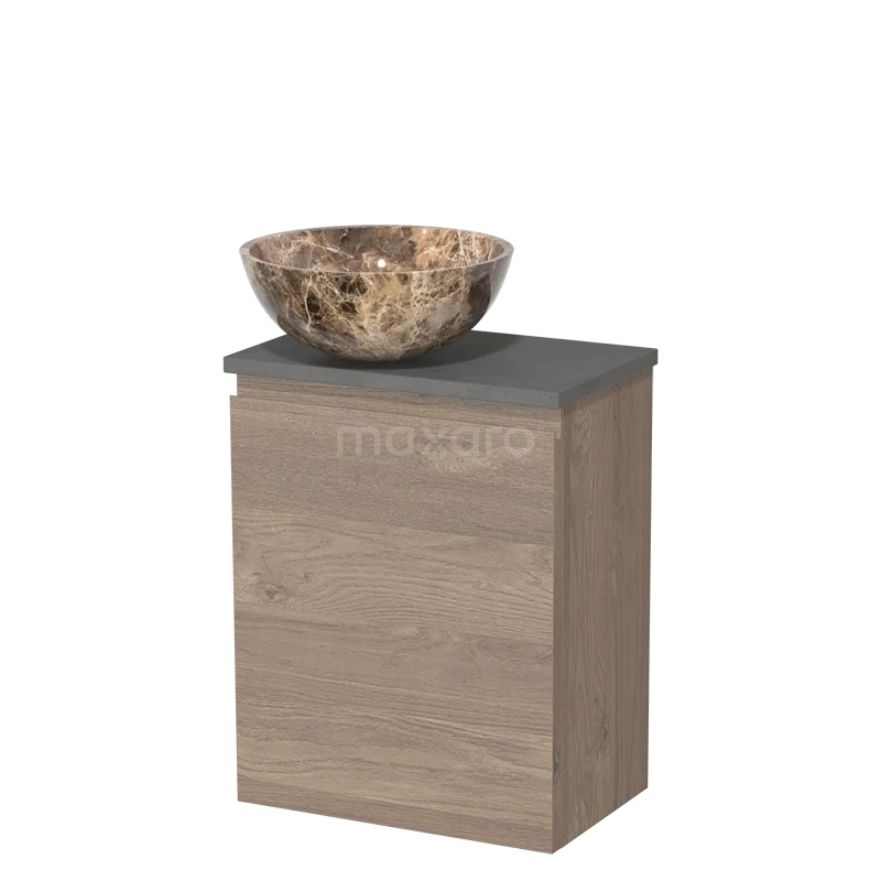 Toilet unit with countertop wash basin | 41 cm Mid brown oak Handleless front Dark emperador Natural stone wash basin Dark grey concrete fronts TMK10-11596 Wooden bathroom unit with natural stone countertop wash basin, compact design, ideal for small bathrooms.
