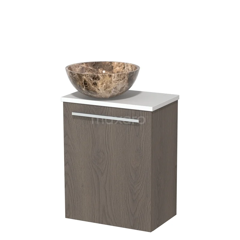 Toilet unit with wash basin | 41 cm Dark brown oak Flat front Dark emperador Natural stone countertop wash basin Matte white worktop TMK10-11617