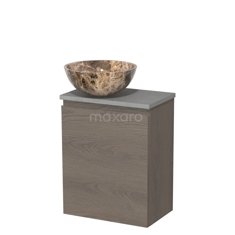 WC-Möbel mit Aufsatzwaschbecken | 41 cm Dunkelbraune Eiche Grifflose Front Dunkles Aufsatzwaschbecken aus Naturstein Hellgrauer Beton TMK10-11659 Holz Badezimmermöbel mit Stein Aufsatzwaschbecken, natürliche Holzoptik und Marmor Muster; stilvoll und kompakt für moderne Bäder.