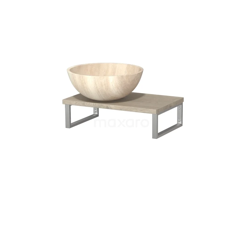 Modulo Pico Aufsatzwaschbeckenplatte mit Becken | 41 cm Hellgraue Eiche Travertin Naturstein TMK01-00483 Holz-Aufsatzwaschbecken auf moderner Waschtischplatte mit Metallrahmen, perfekt für eine stilvolle Badezimmergestaltung.