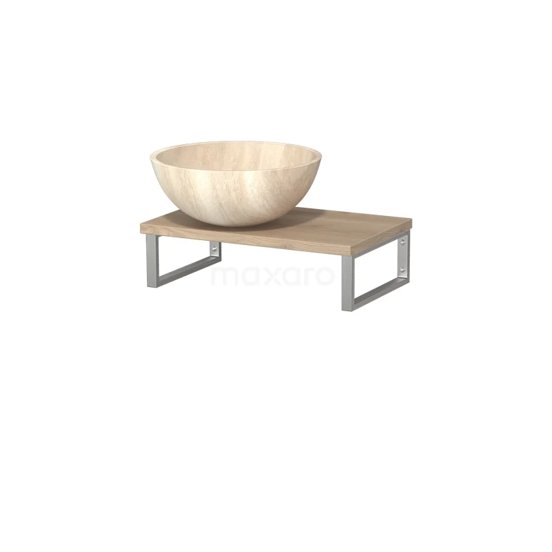 Modulo Pico Aufsatzwaschbeckenplatte mit Becken | 41 cm Hellbraune Eiche Travertin Naturstein TMK01-00484 Holz-Waschtisch mit runder, beiger Natursteine-Waschbecken und Metallrahmen, perfekt für einen modernen Badezimmer-Stil.