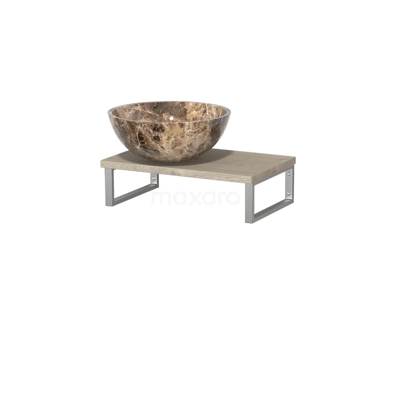 Bruine marmeren waskom op een houten plank met metalen frame, ideaal als stijlvolle toevoeging aan een moderne badkamer.