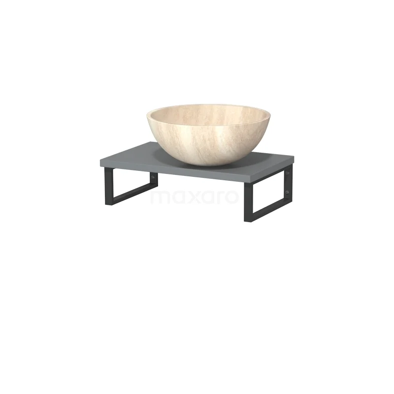 Modulo Pico Aufsatzwaschbeckenplatte mit Becken | 41 cm Mittelgrau Travertin Naturstein TMK01-00527 Aufsatzwaschbecken aus Naturstein in Beigeton, platziert auf einem schwarzen Metall-Badmöbel mit Holzoptik-Regal.