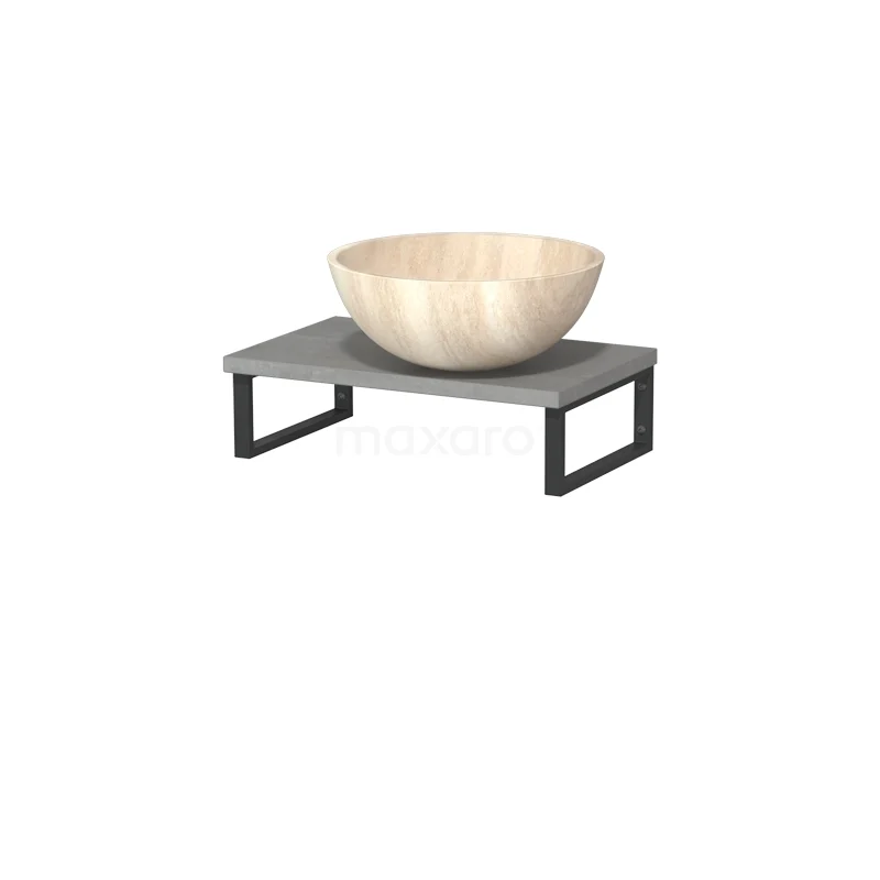 Modulo Pico Waschtischplatte mit Aufsatzwaschbecken | 41 cm hellgrauer Beton Travertin Naturstein TMK01-00540 Aufsatzwaschbecken-Set mit beigem Natursteine Aufsatzwaschbecken auf grauer Holzplatte und schwarzen Metallbeinen, modernes Badezimmerdesign.