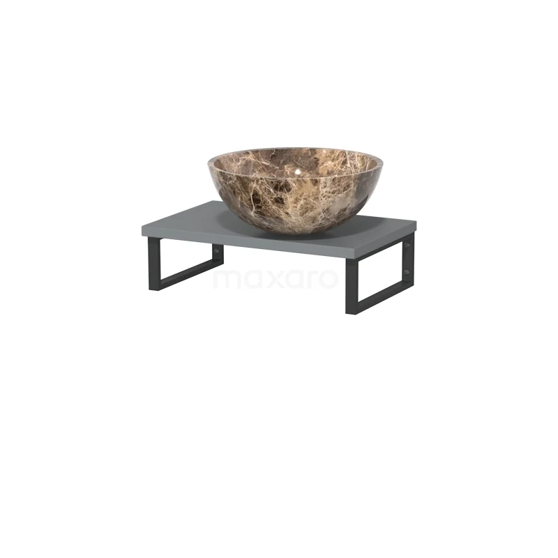 Modulo Pico Waschtischplatte mit Aufsatzwaschbecken | 41 cm Mittelgrau Dark emperador Naturstein TMK01-00544 Waschbecken Naturstein braun mit Marmor-Muster, auf Dunkelgrau rechteckigem Platte mit schwarzem Metallrahmen.