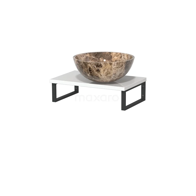 Modulo Pico Waschtischplatte mit Aufsatzwaschbecken | 41 cm Hochglanz Weiß Dark emperador Naturstein TMK01-00545 Aufsatzwaschbecken Naturstein braun auf weißem keramischen Platte mit schwarzem Metallrahmen, stilvolle Ergänzung für modernes Badezimmer.