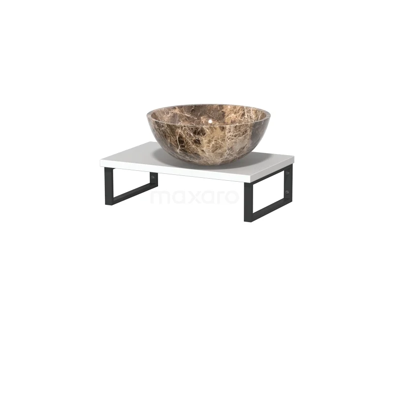 Modulo Pico Waschtischplatte mit Aufsatzwaschbecken | 41 cm Matt Weiß Dark emperador Naturstein TMK01-00547 Marmor Waschbecken mit braunem Muster auf einer weißen mit schwarzer Badezimmerplatte, modernes Design mit einzigartigen Formen.