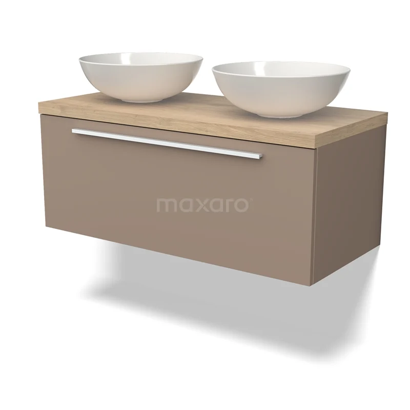 Waschtischunterschrank mit Konsole BMK11-02007 Hölzernes Badezimmermöbel mit taupe Schublade und zwei weißen Aufsatzwaschbecken, ideal für eine moderne Badezimmer Einrichtung.
