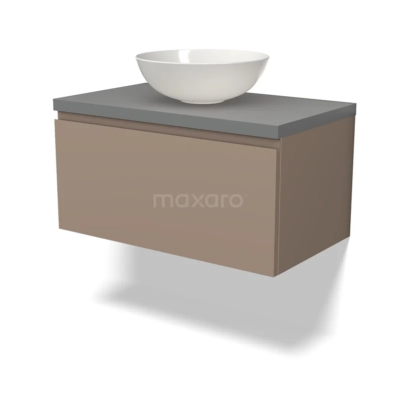 Waschtischunterschrank mit Konsole BMK11-02049 Hängendes Badmöbel Taupe mit grauer Platte und weißem Aufsatzwaschbecken, modernes Design, ideal für ein stilvolles und elegantes Badezimmer.