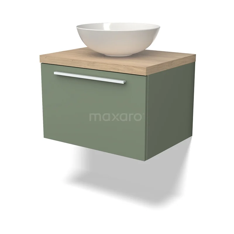 Waschtischunterschrank mit Konsole BMK11-02109 Grünes Holz schwebendes Badezimmermöbel mit weißer runder Schüssel und Naturholz Platte, modernes Design für kompakte Bäder.
