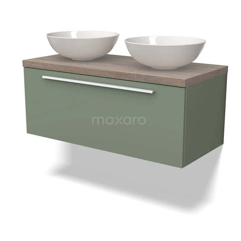 Waschtischunterschrank mit Konsole BMK11-02141 Grünes hängendes Badmöbel mit Holzlook Platte und zwei weißen Aufsatzwaschbecken, modernes Design für stilvolle Bäder.