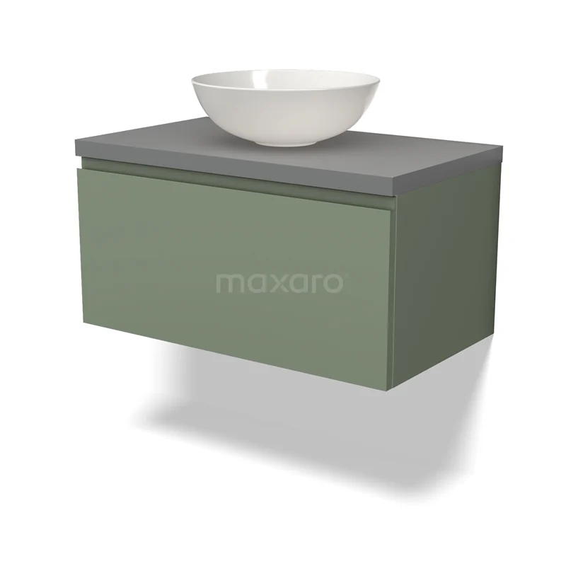 Waschtischunterschrank mit Konsole BMK11-02185 Grünes hängendes Badmöbel mit grauer Platte und rundem keramischen Aufsatzwaschbecken, modernes Design.
