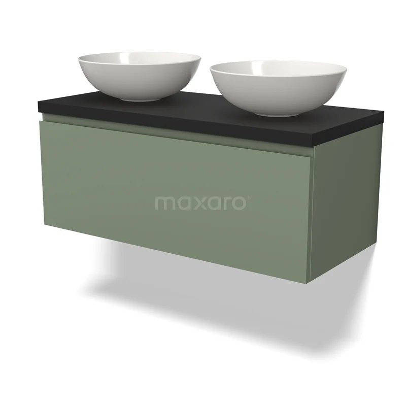 Waschtischunterschrank mit Konsole BMK11-02200 Grünes Badezimmermöbel mit schwarzer Platte und zwei runden weißen Aufsatzwaschbecken, modernes Design aus nachhaltigen Materialien.