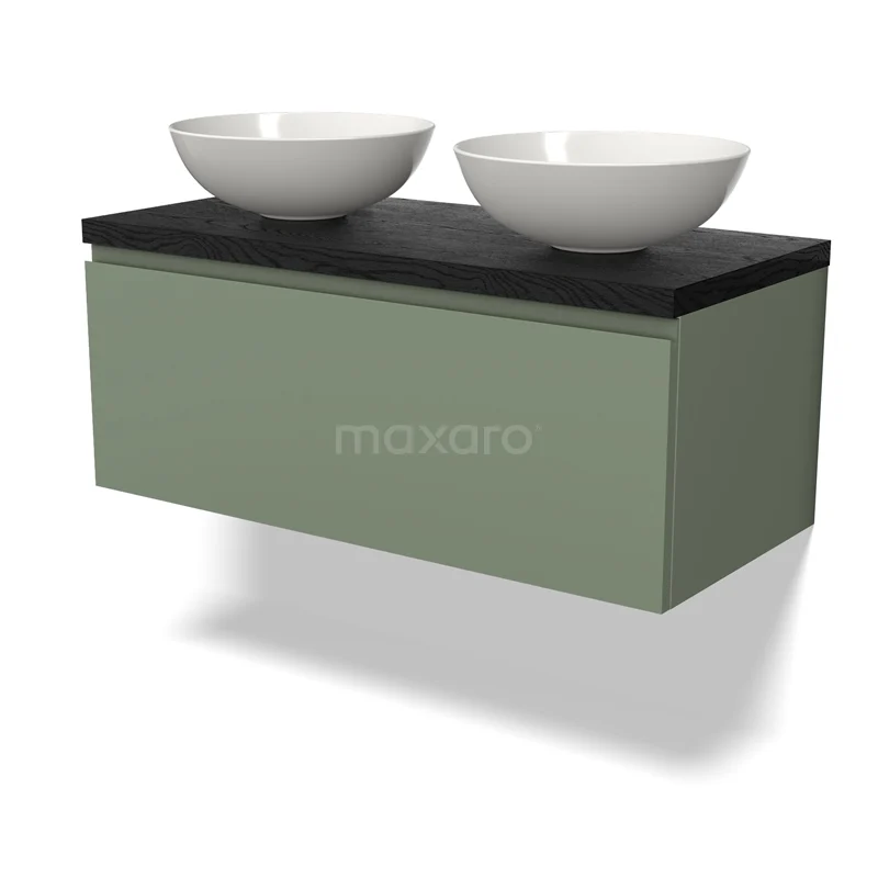 Waschtischunterschrank mit Konsole BMK11-02208 Grünes hängendes Badezimmermöbel mit schwarzer Platte und zwei weißen Aufsatzwaschbecken, moderne minimalistische Ausstrahlung.