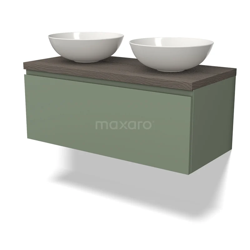 Modulo Plato Vanity units for countertop basin | 100 cm Sage green Handle-less front Dark brown oak worktop 1 drawer BMK11-02213
