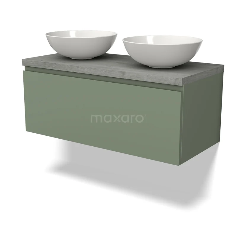 Modulo Plato Vanity units for countertop basin | 100 cm Sage green Handle-less front Grey oak worktop 1 drawer BMK11-02214