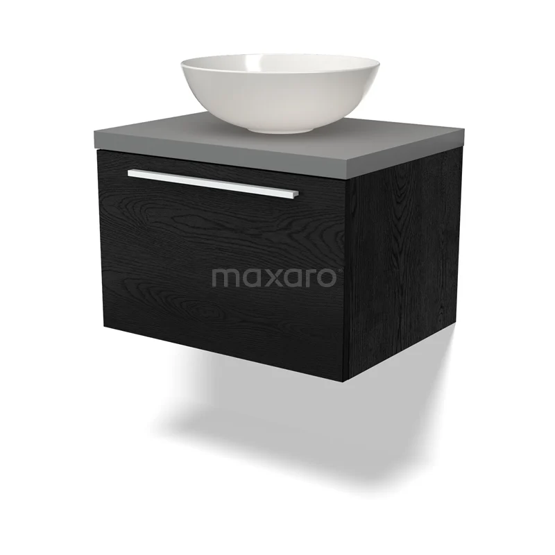 Waschtischunterschrank mit Konsole BMK11-02236 Zweifach Schwarz Waschtisch mit einer Grau Platte und weißen Aufsatzbecken, modernes Design ideal für ein stilvolles Badezimmer.