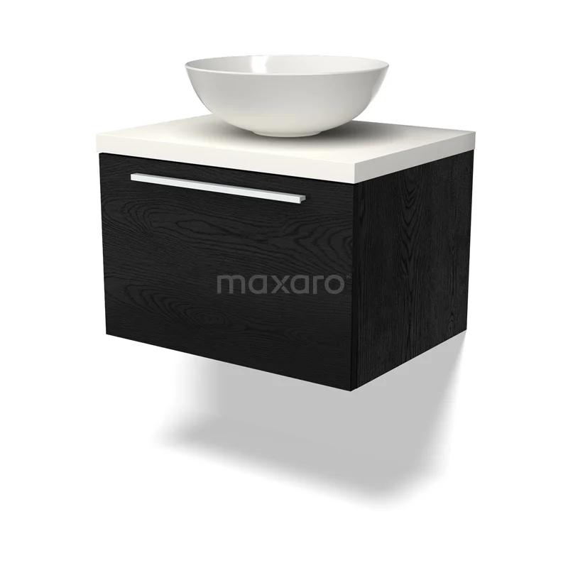 Waschtischunterschrank mit Konsole BMK11-02238 Schwarz schwebendes Badmöbel mit weißem Aufsatzwaschbecken, modernes Design, mit einer klaren Schublade und Hochglanzoberfläche.