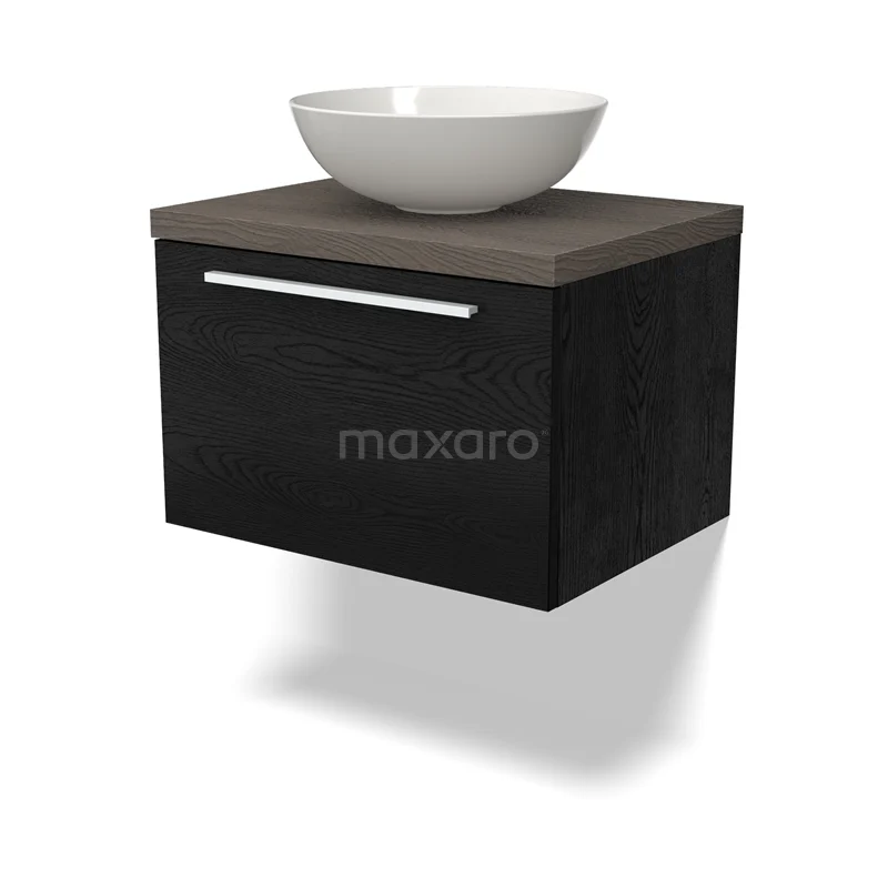 Waschtischunterschrank mit Konsole BMK11-02247 Schwarzer schwebender Waschbeckenunterschrank mit Holzlook Platte und weißem runden Aufsatzwaschbecken, ideal für eine moderne Badezimmer Einrichtung.