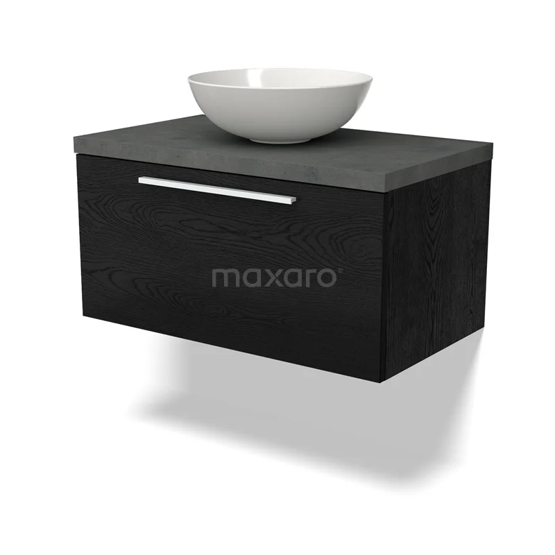 Modulo Plato Badmöbel mit Aufsatzwaschbecken | 80 cm Schwarze Eiche Flach front Dunkelgrauer Beton blatt 1 Schublade BMK11-02267 Schwarzes hängendes Badezimmermöbel mit Holzoptik, schlichte Schublade und weißem Aufsatzwaschbecken, ideal für einen modernen Badezimmerstil.
