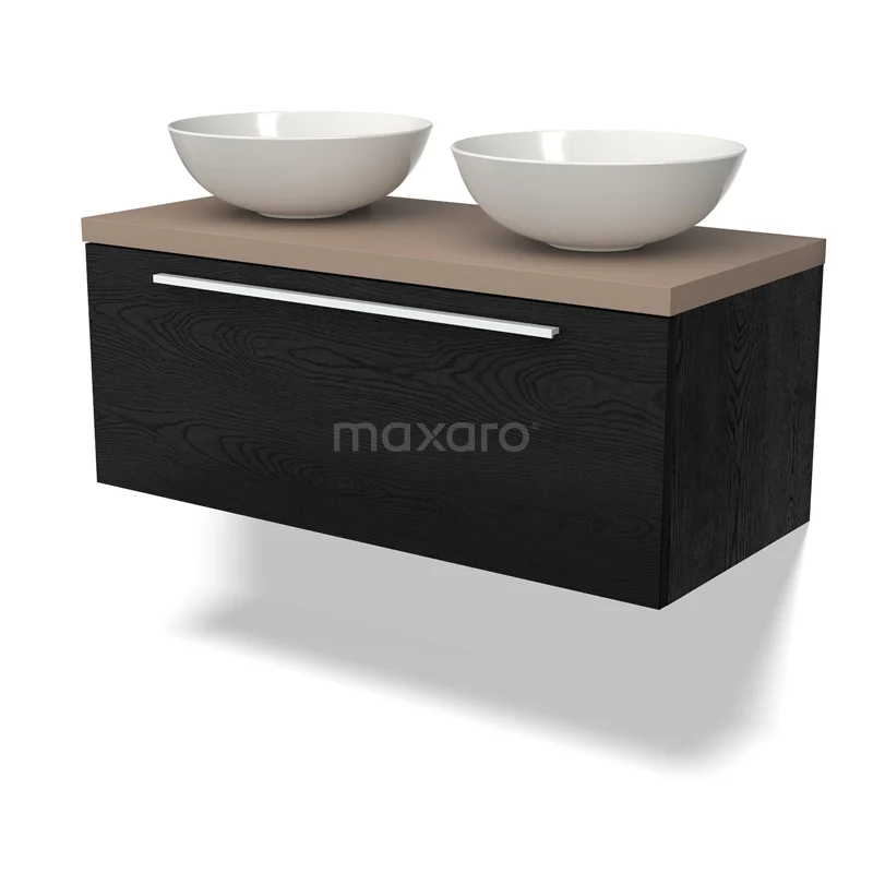 Modulo Plato Badmöbel mit Aufsatzwaschbecken | 100 cm Schwarze Eiche Flach front Taupe blatt 1 Schublade BMK11-02269 Schwarzes schwebendes Badmöbelset mit Holzplatte und zwei weißen Aufsatzwaschbecken, schlichtes Design für moderne Bäder.