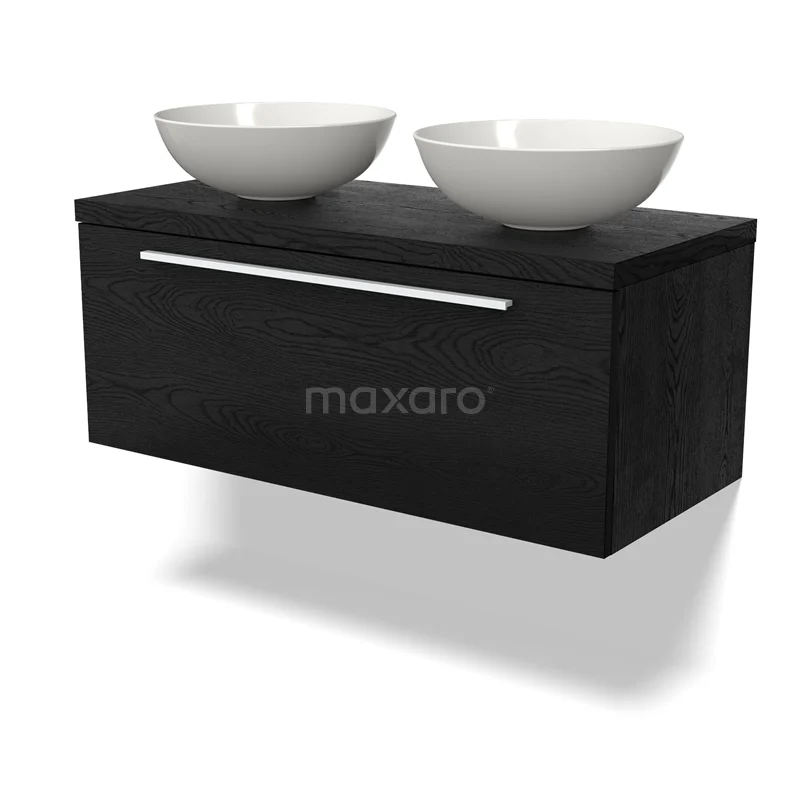 Waschtischunterschrank mit Konsole BMK11-02276 Schwarzes hängendes Badmöbelset mit zwei weißen ovalen Aufsatzwaschbecken, modernes Design und gerade Linien, ideal für ein stilvolles Badezimmer.