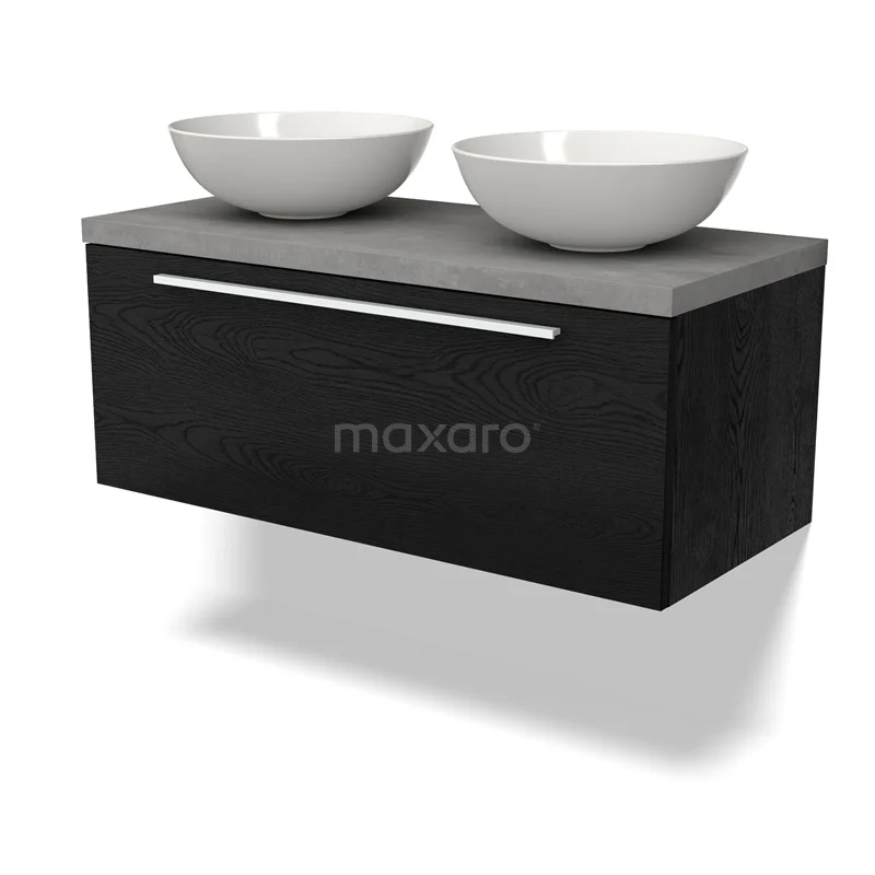 Waschtischunterschrank mit Konsole BMK11-02283 Schwarzes hängendes Badmöbelset mit grauem Betonlook Waschbecken und zwei weißen Aufsatzwaschbecken, schnittiges und modernes Design.