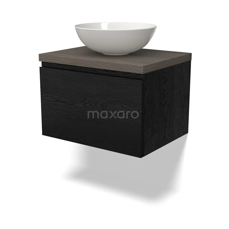 Waschtischunterschrank mit Konsole BMK11-02315 Schwarzes Holz-Badmöbel mit Waschbecken aus weißer Keramik, modernes Design mit dunkler Eichenplatte.