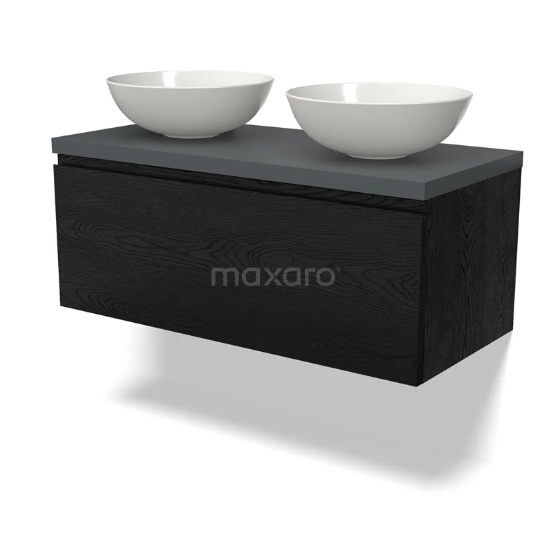 Waschtischunterschrank mit Konsole BMK11-02341 Schwarzes Holz-Badmöbel mit zwei weißen keramischen Aufsatzwaschbecken und einer matten grauen Oberplatte, modernes Design.