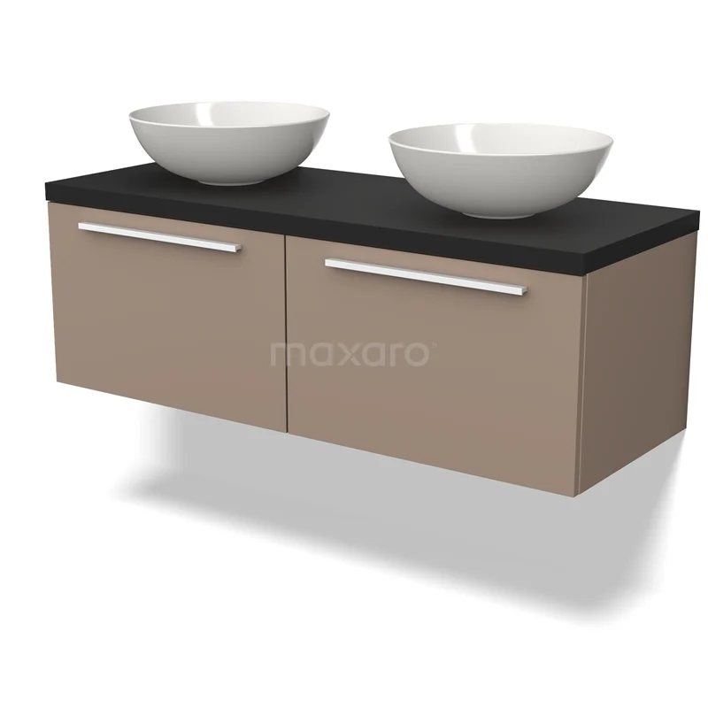 Waschtischunterschrank mit Konsole BMK12-01409 Beige schwebendes Badezimmermöbel mit schwarzer Platte und doppelten weißen Aufsatzwaschbecken, modernes Design und praktische Schubladen.