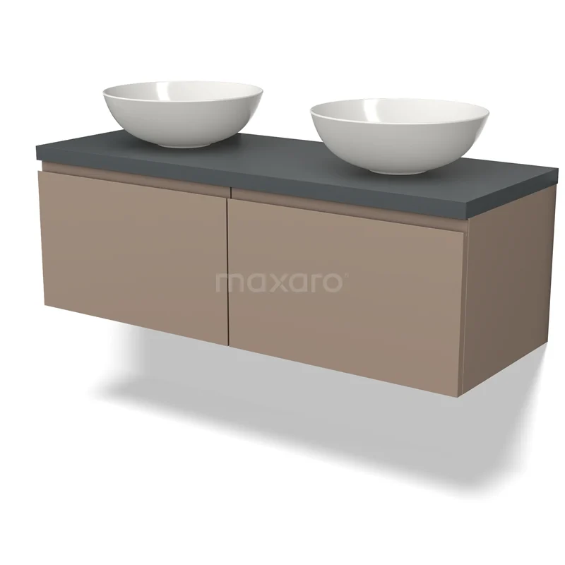 Waschtischunterschrank mit Konsole BMK12-01431 Beige Badmöbel mit schwebendem Design, doppelten weißen Aufsatzwaschbecken und Dunkelgrau Platte für ein modernes Badezimmer.